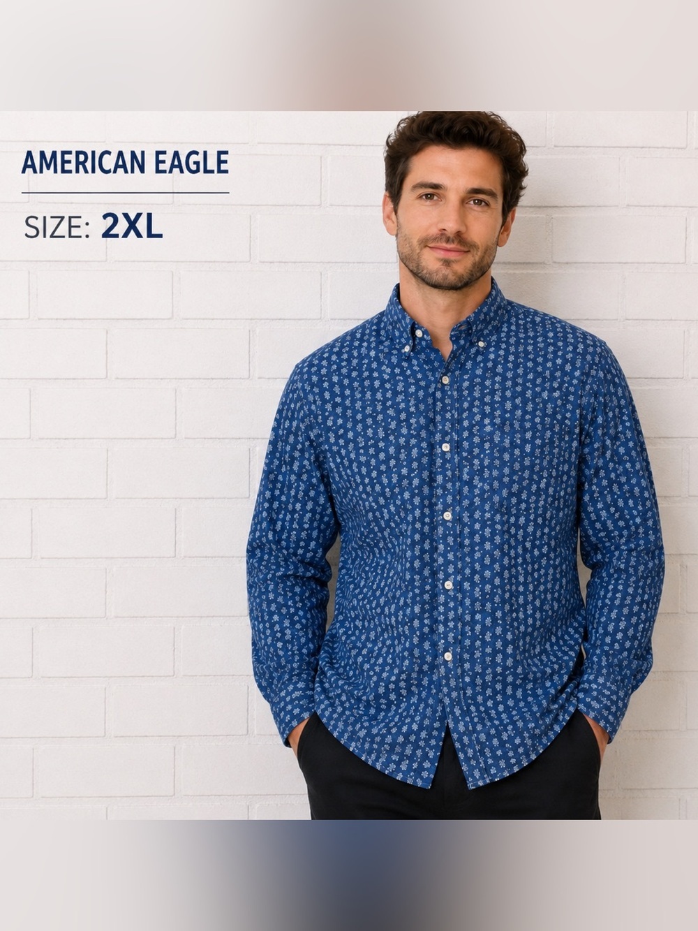 AMERICAN EAGLE men long sleeve casual button down blue shirt/size 2XL